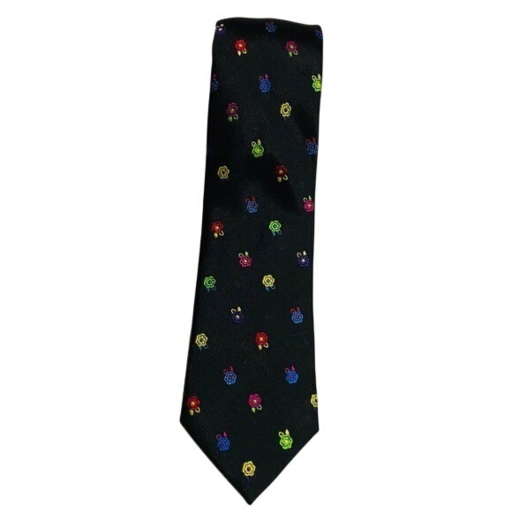 Bugatchi Mens Silk Tie Black Multi-Color Floral Embroidered Made‎ in Italy